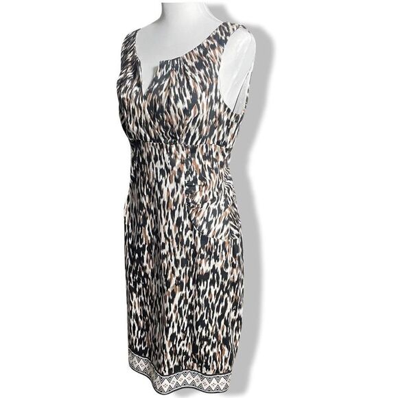 LONDON TIMES Animal Print Cotton Dress, Crisscross Bust, Ruched design, Size M - Picture 2 of 10